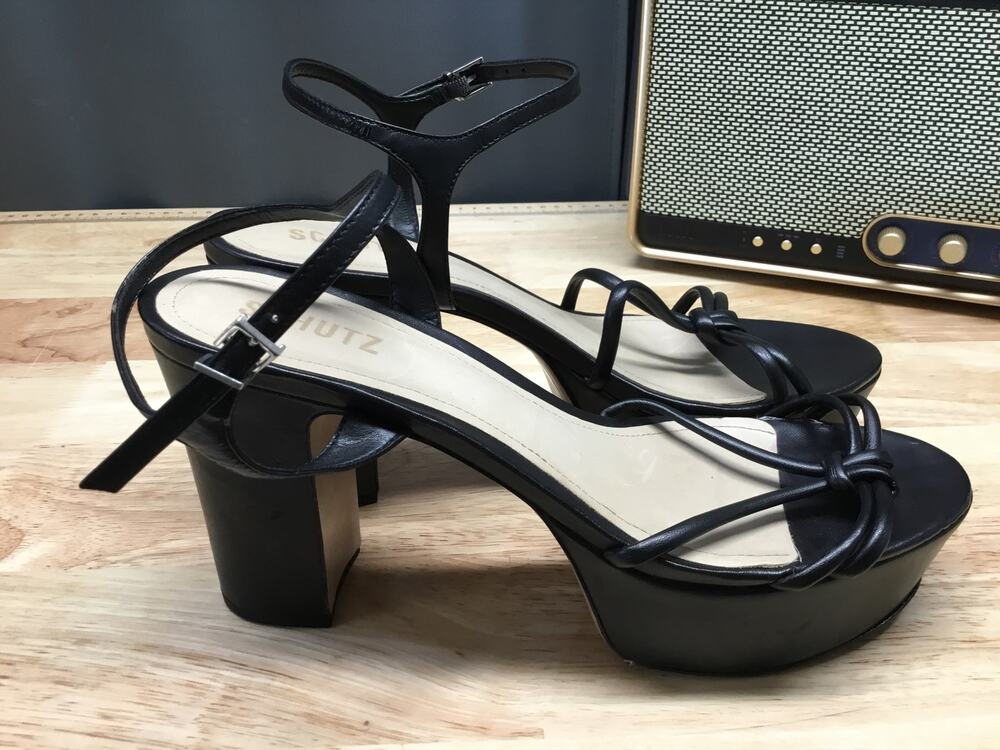 Schutz Kelsie Women's 10 Black Leather Platform Ankle Strap Block Heel Sandals